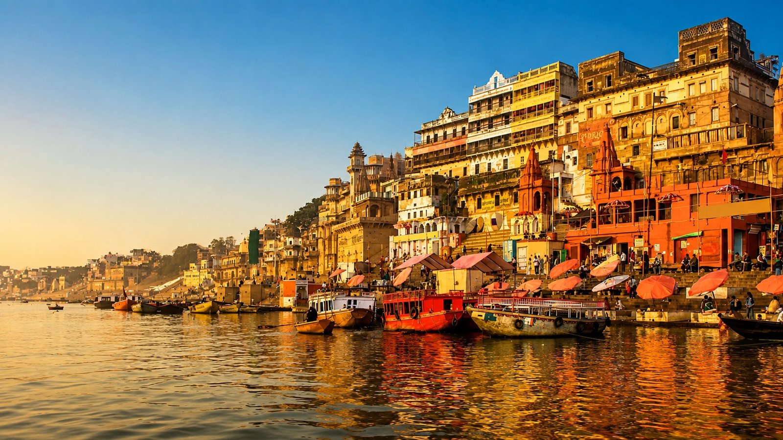 Sunrise over the Ganges and the ghats of Varanasi