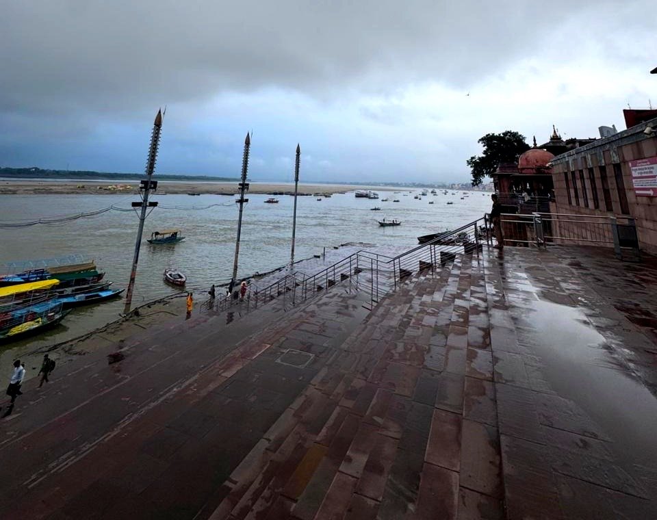 The ghats and boats of Varanasi on a quiet morning