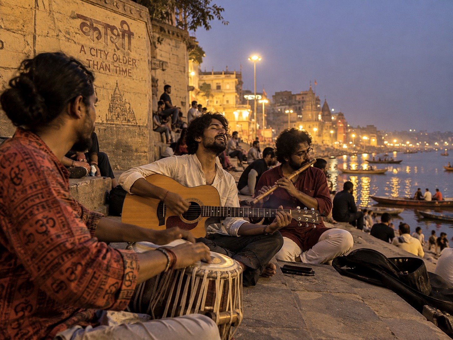 Musicians playing guitar, tabla, and flute informally by the ghats of Varanasi in the evening
