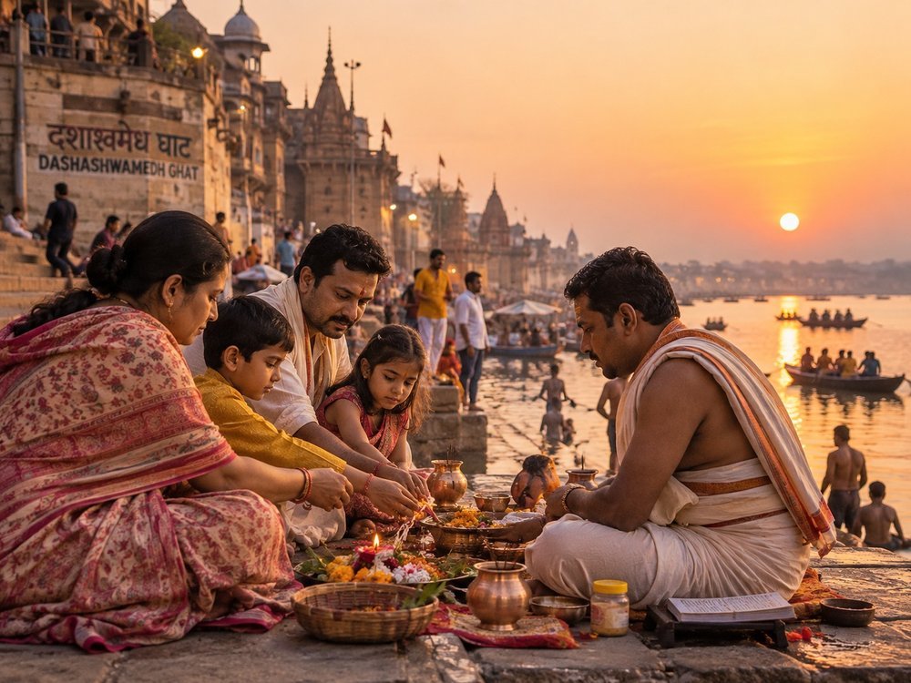 A family performing a ritual by the Ganga at sunset in Varanasi