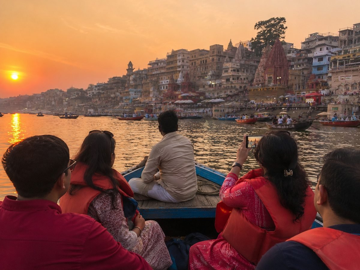 Visitors enjoying a sunset boat ride on the Ganges