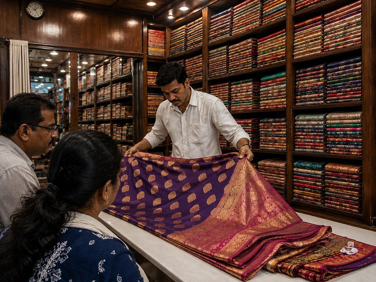 A shop owner showing genuine Banarasi silk