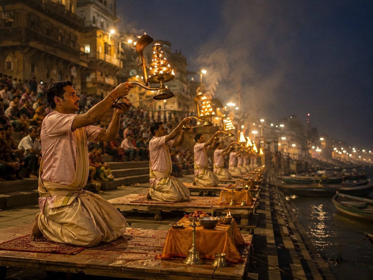 Priests performing the evening Ganga aarti