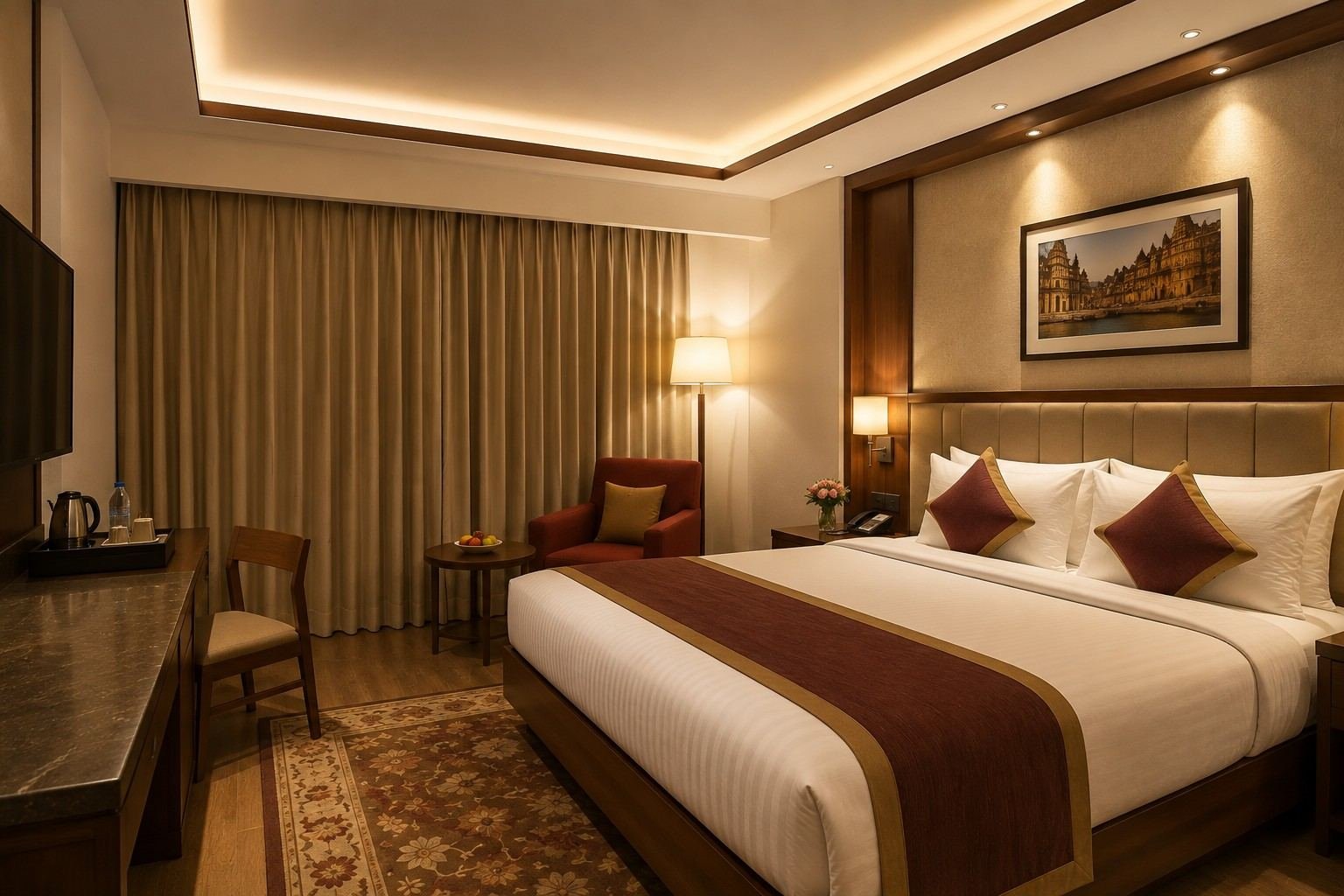 A comfortable, well-appointed hotel room in Varanasi